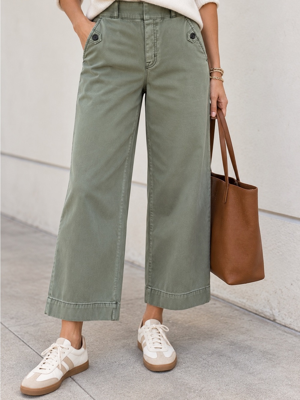SPANX Olive Green Cotton Twill Wide-Leg Cropped Pants - M